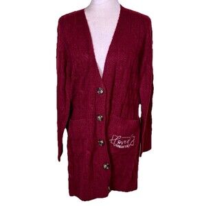 Love In Faith Women's Burgundy Longline Cardigan Loved Romans 5:8 Pocket Med NEW